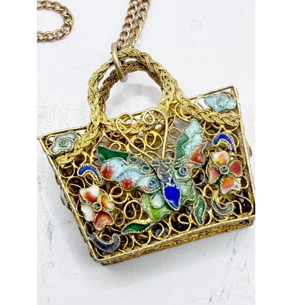 Enamel Filigree Purse Pendant Necklace Butterfly Floral Gold Tone 24 Inch